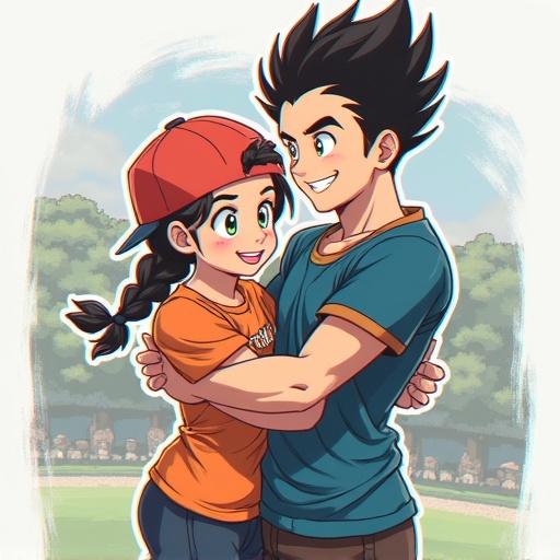 Anime characters in an embrace. One character is wearing a baseball cap. Bright colors and cheerful atmosphere. Inspired by Dragon Ball style.