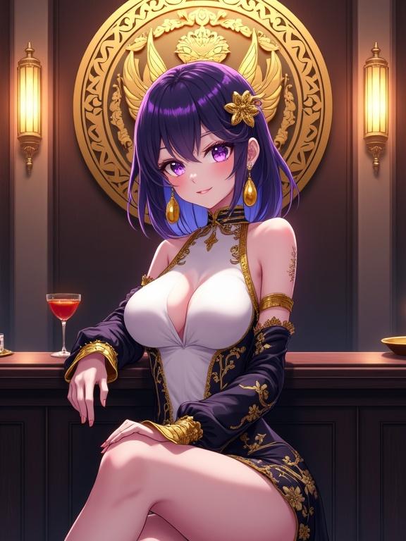 Highly detailed vibrant anime-style illustration of a fair-skinned lady with dark violet hair. Adorned with kanzashi and golden ornament. Large expressive eyes with violet irises. Wearing sheer high neck outfit with white, violet, gold. Seated in a bar with her legs crossed. Composed expression against an ornate background.