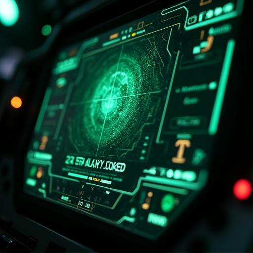 Cinematic close-up of a spaceship's screen showing 'Zeta Galaxy Locked'. Green planet icon pulses softly. High-tech icons flicker in dark cockpit. Urgent atmosphere depicted. Detailed interface with light reflections.