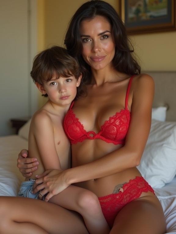 Full body photo of a mother and a boy. Beautiful woman wearing lace red bikini. Boy hugging her leg. Bedroom background. Quality is low resolution, blurry, soft focus. Style is vibrant colors and heavy vignette. Composition is unposed, natural.