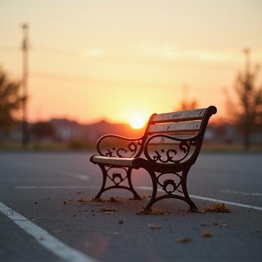A solitary wooden bench with wrought iron armrests sits in a nearly empty asphalt parking lot during sunset. The sun is below the horizon, and the sky has soft pastel gradients. The parking lot has subtle textures, with faint cracks and dry leaves. Long shadows stretch behind the bench. The photograph has a low angle and shallow depth of field. The color grading is reminiscent of Kodak film with a nostalgic tone.
