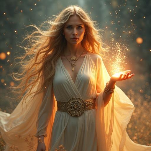 Full-body portrait of a majestic goddess holding glasses near her waist. She has glowing eyes with runes. Long hair and elegant robes are blown by wind. Ethereal light surrounds her with streams of magic. Celestial symbols float in the air. Cinematic lighting enhances her powerful expression.
