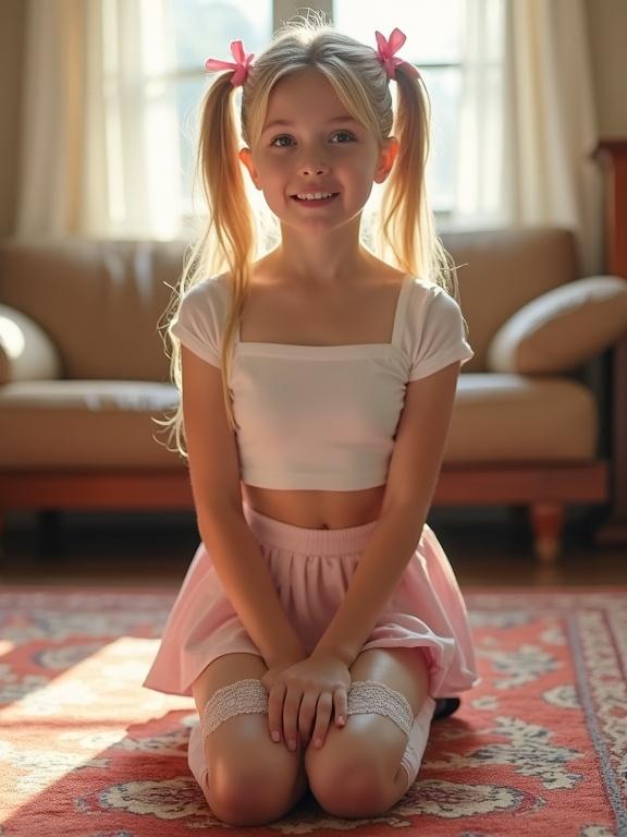 A teenage girl has blonde twin tails tied with pink ribbons. She kneels on a rug in a living room. She wears a white crop top and a pale pink skirt. Thigh-high socks and black shoes complement her look. She has a shy blush and a curious smile. The photo captures her face and inviting expression in warm light.