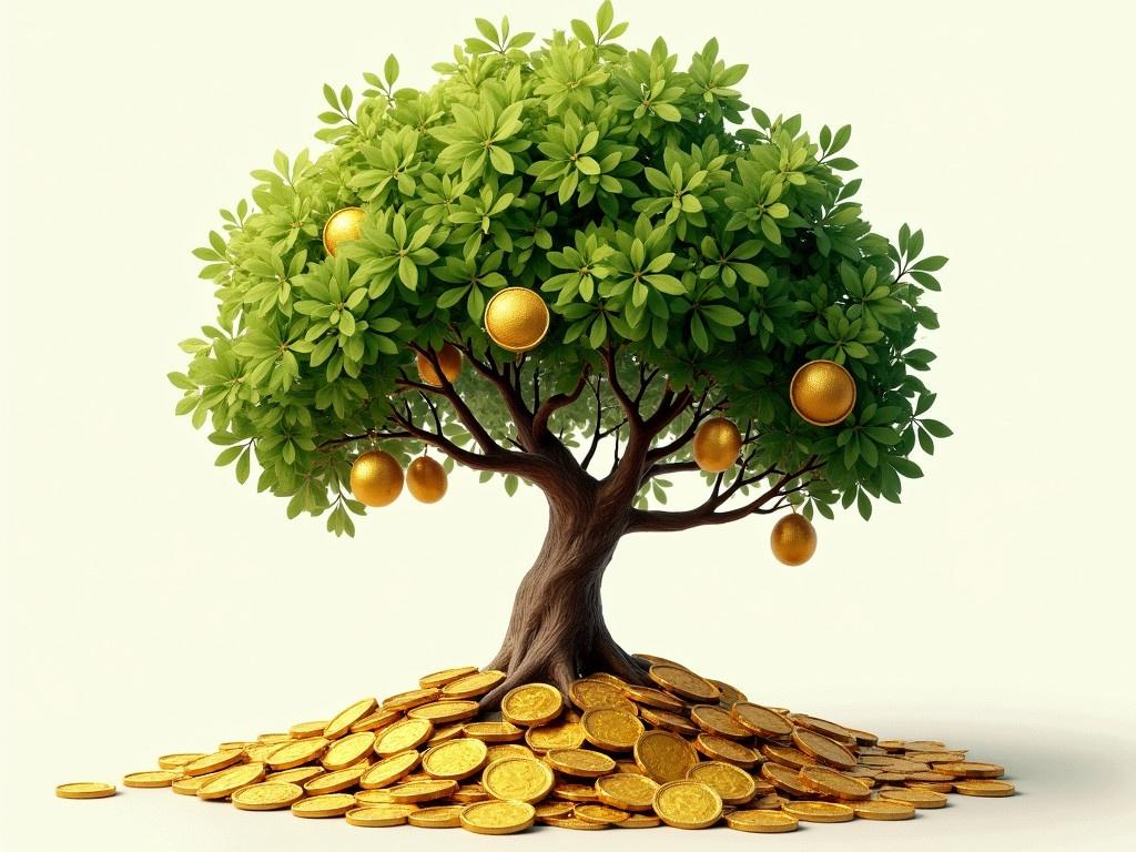 Tree with lush green leaves has golden coins instead of fruits. Coins are shiny and reflect light. The sturdy trunk supports the coins. The tree grows from a pile of coins on the ground. Background simple and unobtrusive. Represents money growing on trees.