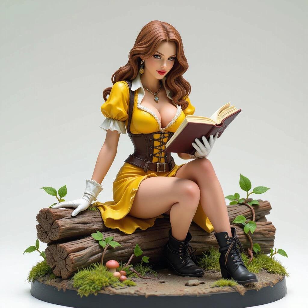 Stylized ultra-detailed resin figure of a woman with light brown hair. She has a sensual athletic body, inspired by a jungle explorer. Sits on a log covered in moss and vines, log between her legs. Leaning forward holding an open book with curiosity. Wears a sensual yellow explorer dress with tight corset, plunging neckline, puffed sleeves, and a slit skirt exposing legs. Short white gloves, black ankle boots, distressed white stockings. Hair in loose waves, may wear a bucket hat. Base decorated with tropical plants, leaves, and jungle roots. Fully connected for resin printing.
