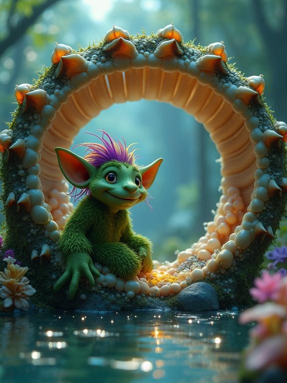 A cinematic realistic ethereal moss-covered troll sits beneath a bridge made of giant seashells guarding a collection of luminous pearls and shimmering seaglass. The troll has a playful expression and rainbow-colored hair woven with strands of flora. The scene is set in a whimsical enchanted forest with bioluminescent plants and a crystal-clear pond. Rendering resembles ethereal fantasy with intricate details and dreamlike quality.