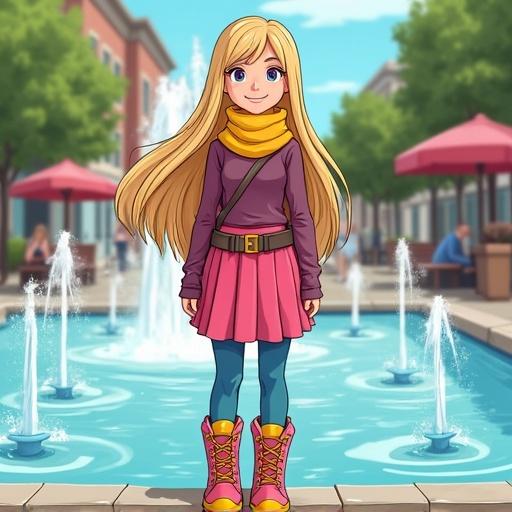 Cartoon girl with long dark blond hair cools off in town center fountains. She wears a yellow neck-scarf and dark-pink shirt. A pink skirt and blue tights complete the outfit. Pink hiking boots with yellow laces and yellow soles.