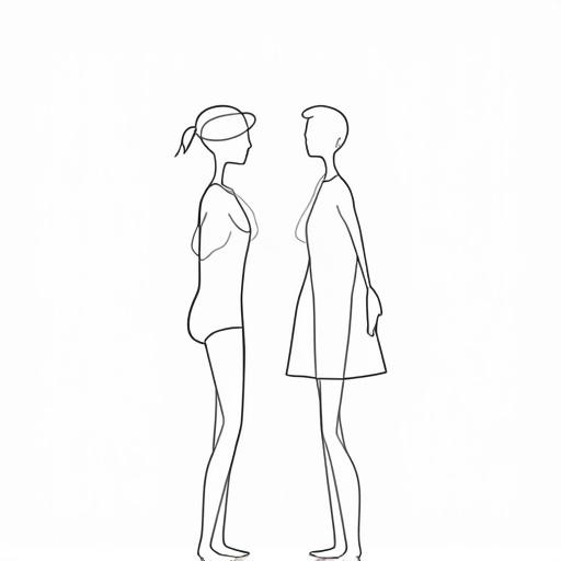 Two humans interacting illustrated in minimalist style. Clean thin black lines. White background emphasizes negative space. Modern elegant shapes.