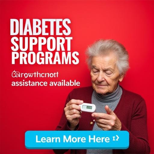 Square image with an older person checking blood sugar against a red background. Bold text reads 'DIABETES SUPPORT PROGRAMS'. Underneath, smaller text says 'GOVERNMENT ASSISTANCE AVAILABLE'. A blue button at the bottom says 'Learn More Here'.