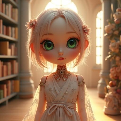 A breathtakingly adorable android girl with a real human-like face stands in a warm library. Her smooth, translucent skin has realistic pores. Emerald green eyes reflect ambient light. Pale pink hair flows with realistic highlights. Slender arms extend gracefully. She wears a light robe resembling chiffon, with delicate embellishments. The background features glowing books and soft lighting.