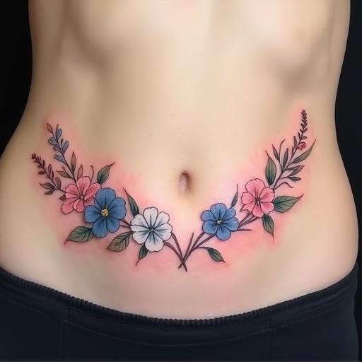 Tattoo featuring small flowers in pink blue and white. Two curved lines from hips to lower abdomen decorated with botanical styled drawings. Green foliage adds contrast. Tattoo emphasizes vibrant colors and floral patterns.