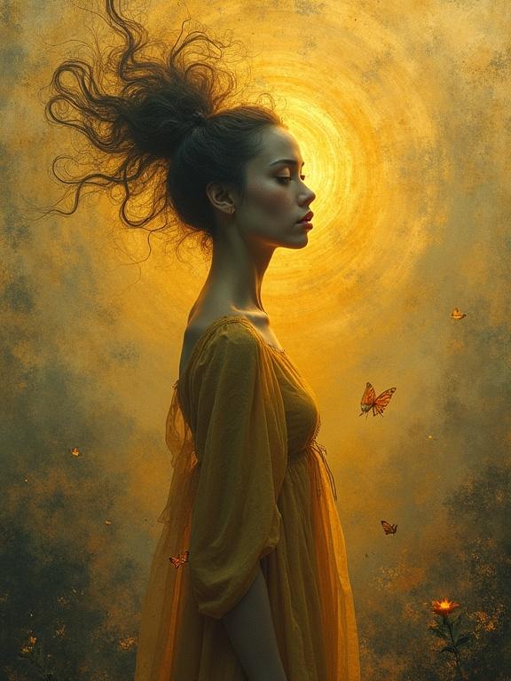 A surreal portrait of a figure in profile. Figure has an expression of disappointment and astonishment. Background glows with amber and gold colors. Abstract patterns enhance the dreamlike quality. Butterflies and floral elements in the foreground.