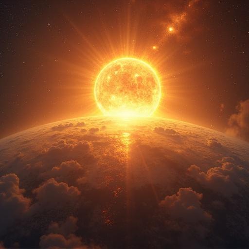 A breathtaking view of a glowing sun rising over a blue planet with radiant energy filling the scene. The sun emits golden rays, illuminating clouds and water on the planet's surface. The atmosphere is ethereal and serene, evoking feelings of warmth and love.