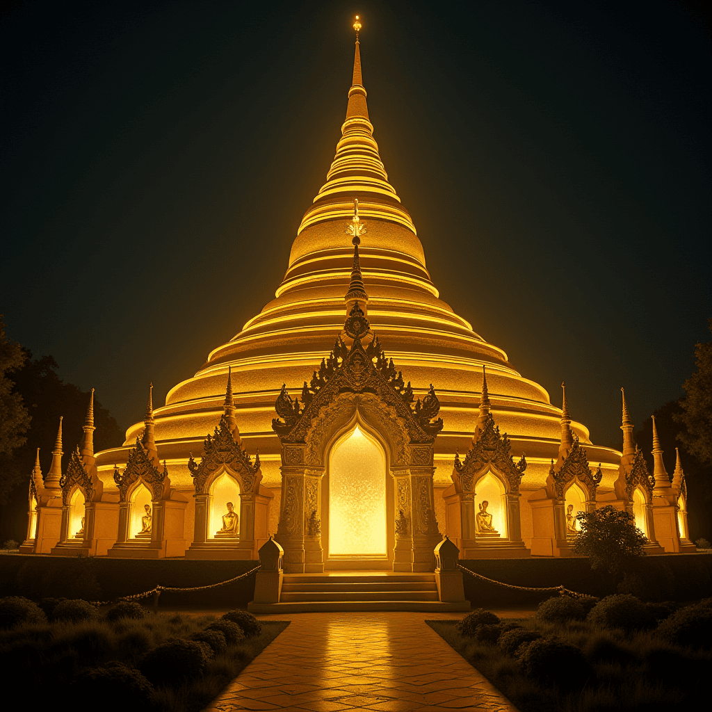 A beautifully illuminated golden pagoda at night, showcasing intricate architectural details.