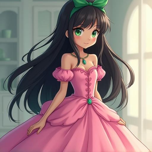 Anime girl with green eyes and long black hair wearing a pink princess dress. The girl has a dark skin tone and is styled with a bow in her hair. She stands elegantly, showcasing a whimsical character design in a soft lighting setting.