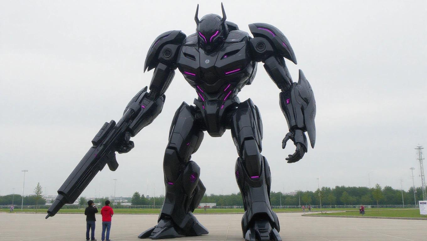 A towering alien mech stands 20 meters tall. The design features high-tech weaponry. Dark colors of black and gray dominate its body. The structure showcases futuristic curves in its design.