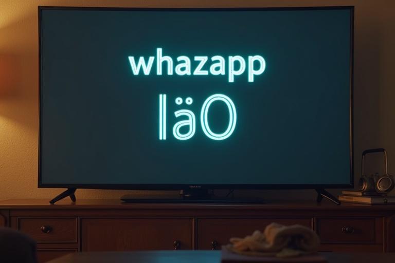 Neon text displayed on a TV screen in a cozy living room setting. The room features minimalist decor and warm lighting. The text reads 'whazapp бВ⌉lБ∣O∃Э'.