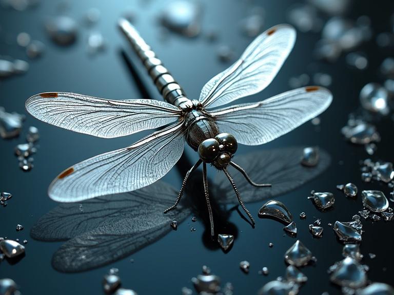 Beautiful dragonfly in a synth-wave style with smashed glass texture. Shiny appearance with reflections and silver shards around it.