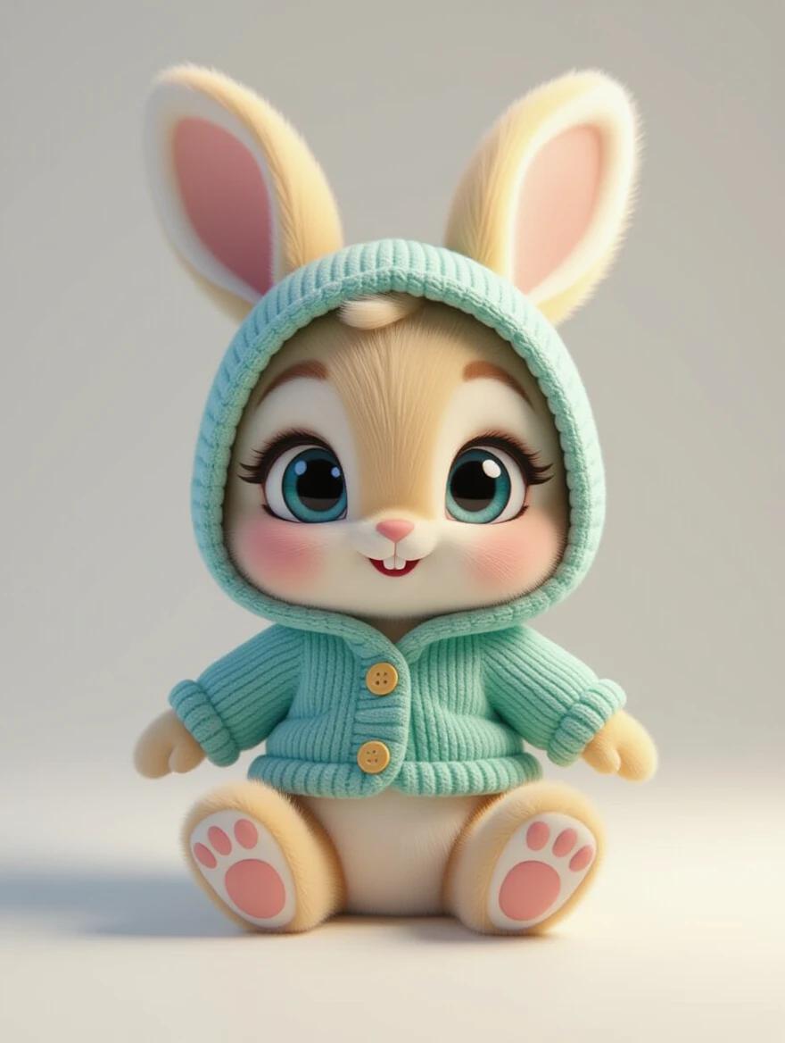 3D plush baby rabbit with large anime eyes. Dressed in a cute blue hoodie. Soft lighting and a seamless white background.