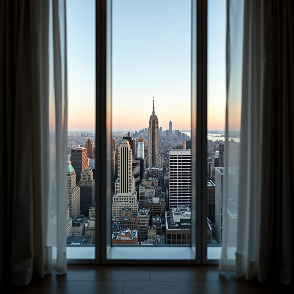 A photograph capturing a cityscape view of a skyline with tall buildings, framed by a window with open curtains during sunset.