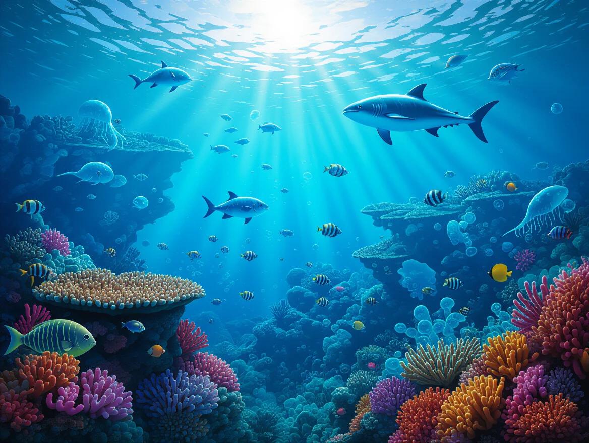 An underwater scene featuring colorful coral reefs and various sea creatures. Sharks swim above vibrant corals. Sunbeams penetrate the turquoise water creating a serene atmosphere.