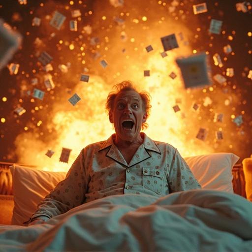 Hilarious scene of a scared man in pajamas. Random explosion while making the bed. Man shows wide-eyed expression. Bedsheets and pillows fly everywhere. Background features debris and flames. Absurd situation with dynamic lighting.