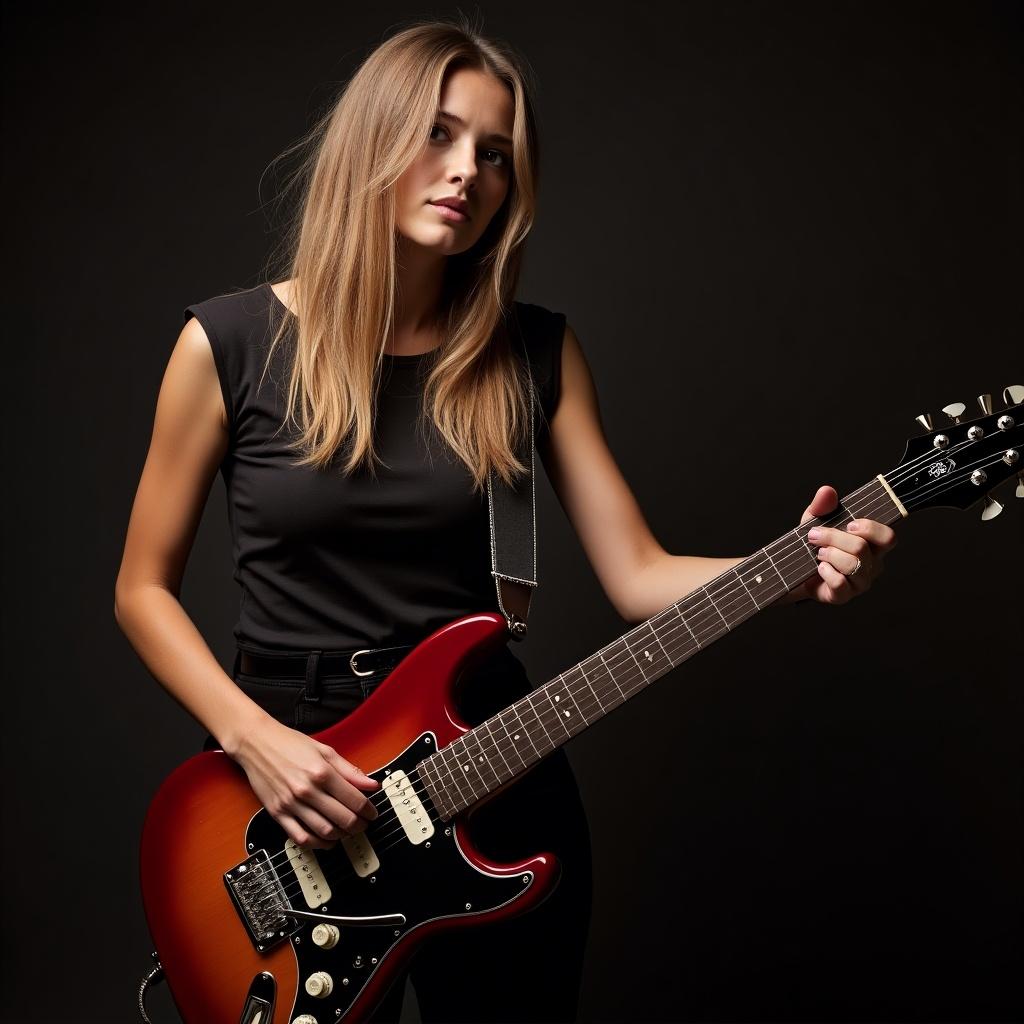 Rockstar, young woman, playing guitar. No faces visible. Focus on the musician and instrument.