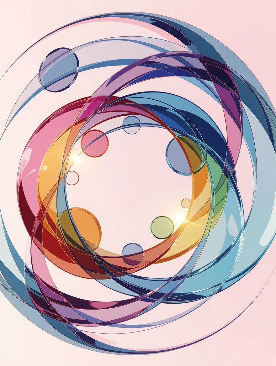 Circular design of transparent colored circles on a pink background. Vray tracing style. Influenced by Januz Miralles. Features graceful balance and glass sculptures. Displays rich painterly surfaces and elongated forms. High-key lighting enhances the overall look.