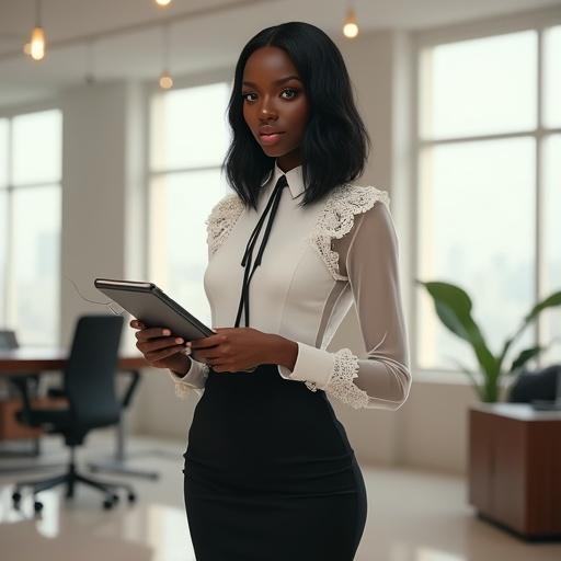 An elegant Afro goddess inspired by Yemọja stands in a contemporary office. She has radiant black skin and delicate features. Her sleek bob hairstyle is styled with golden hairpins. She wears a fitted black pencil skirt and a tailored white blouse with lace trim. She holds documents and a tablet, looking confident in a modern office with natural light and furniture.