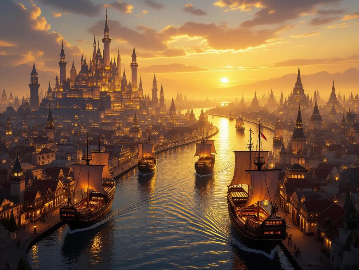 Imaginary city filled with illuminated spires and buildings under a golden light. A river flows through the city reflecting the vibrant colors. Intricate sailing ships are seen on the water creating a grand and mysterious atmosphere.