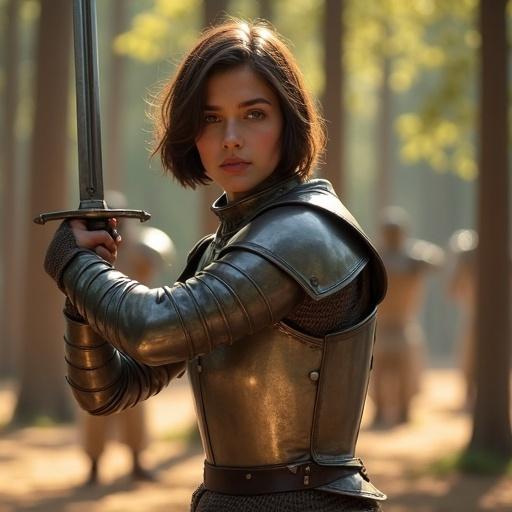 A young woman in light medieval armor practices sword fighting. She is in a spacious outdoor training ground surrounded by tall trees. The atmosphere is serene with warm sunlight filtering through leaves. The woman demonstrates strength and control with her sword as she trains diligently. Her calm and focused expression reflects her disciplined nature.