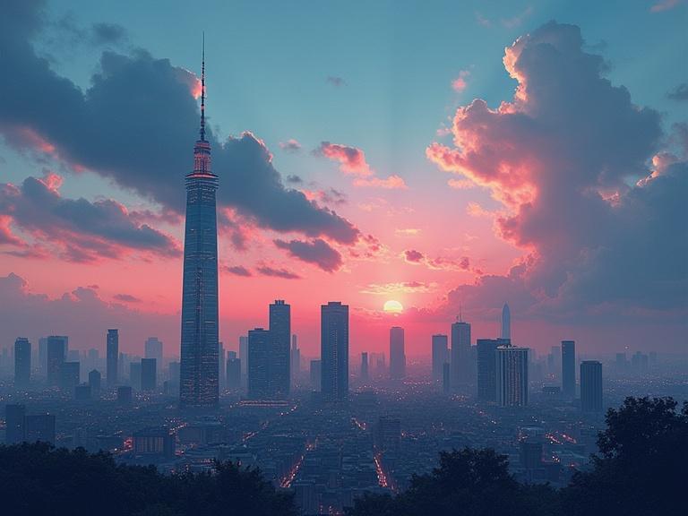 Surreal city skyline under a colorful sky with clouds and a sunset.