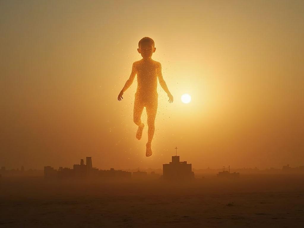 A translucent soul of a child hovers above an arid Syrian landscape at dusk. The golden sunlight breaks through dusty air. The glowing soul drifts towards the horizon surrounded by shimmering particles. A silhouette of a small rural village fades into shadow. The scene is spiritual and mysterious, symbolizing a soul's journey for justice and truth.