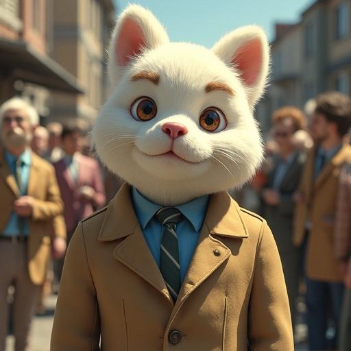 A cat-like character dressed as a politician. The style is inspired by Ghibli animations, showcasing a whimsical and friendly personality. The scene is set in a lively outdoor environment with people in the background.