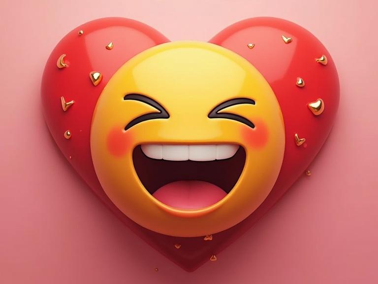 A bright and cheerful love emoji displays a joyful expression. The emoji is surrounded by a heart shape. The background color is soft pink. The overall design is modern and appealing.