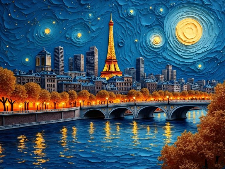 3D origami inspired Paris skyline featuring Eiffel Tower and Notre Dame at night. Vibrant layers with a textured effect under a starry sky. Illuminated cityscape with reflections in the water.