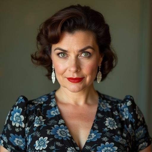 Portrait of a beautiful woman with a vintage style. She has 1950's hairstyle and wears a floral black and blue dress. Long diamond earrings adorn her ears. She exhibits an intense glance with big red lips and green eyes. Her appearance is slightly chubby and shows face wrinkles, representing a classic 1950's housewife aesthetic.