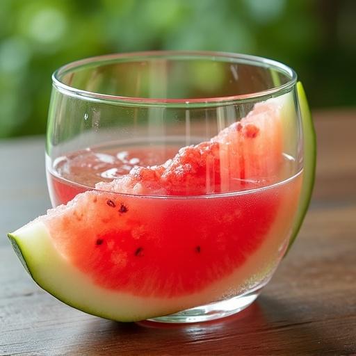 Sliced watermelon in a glass. Fresh drink garnished with watermelon. Close-up view with a natural background.