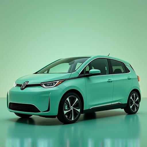 2025 Lumen Echo AI-powered subcompact electric vehicle presented in Pixel Mint color. Car features notable design elements like EchoSphere lighting and modular body panels for customization.