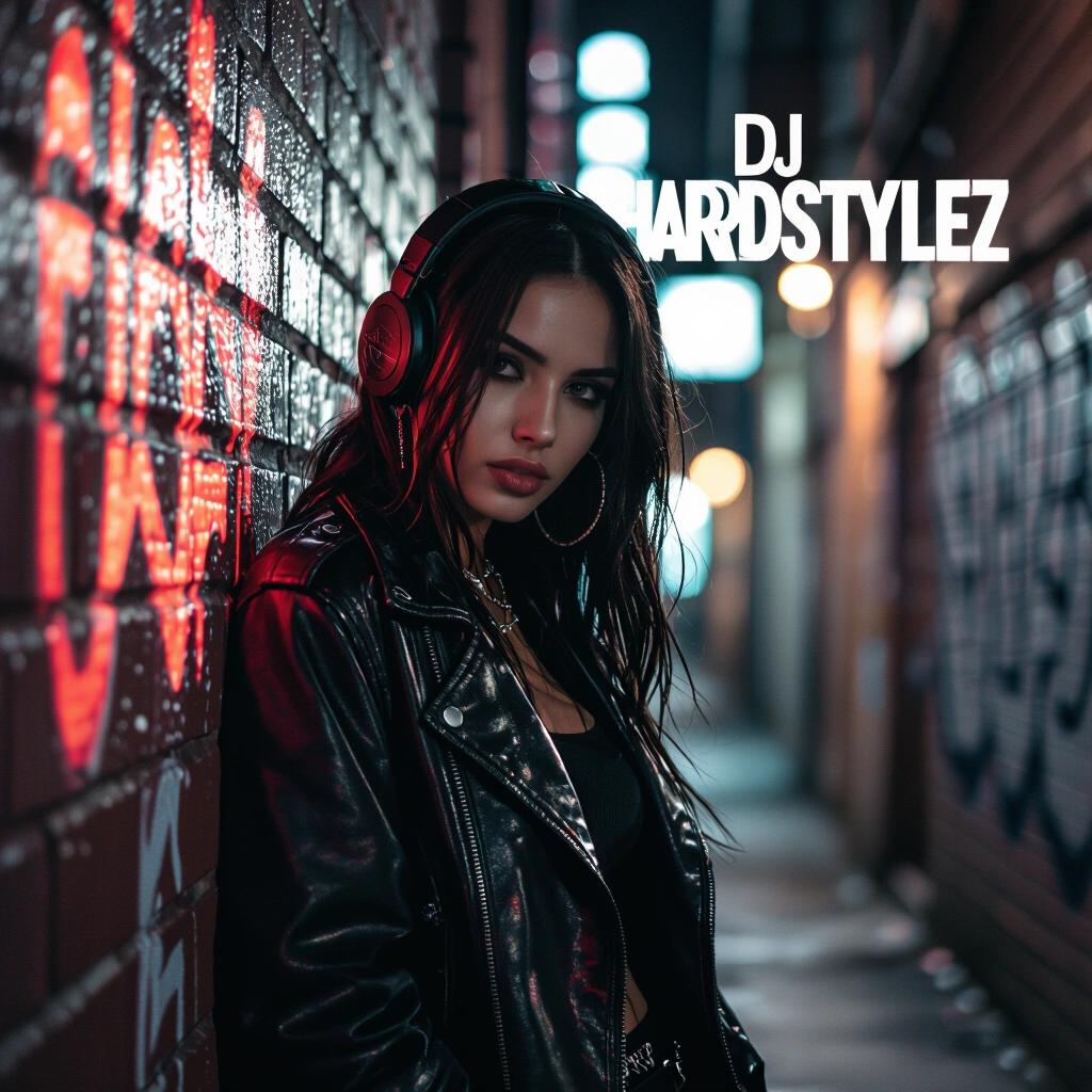 Raw photo of a dark alley featuring a gangster babe in a leather jacket leaning against a wall. The scene is complex and artfully composed with night lighting. Text overlay for DJ Hardstylez on album cover.