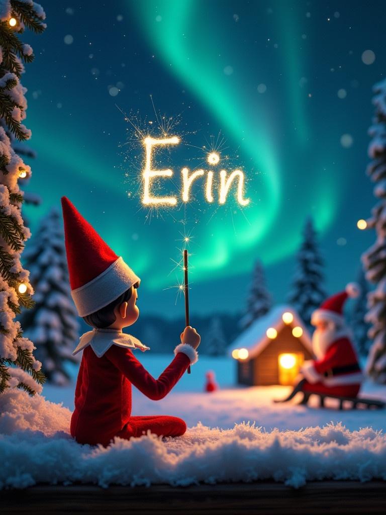 A magical Christmas scene with an elf writing. The elf faces the vibrant night sky. Sparkling letters form the name 'Erin'. Northern lights illuminate a cozy cabin. Santa sits nearby. The atmosphere is festive and enchanting.