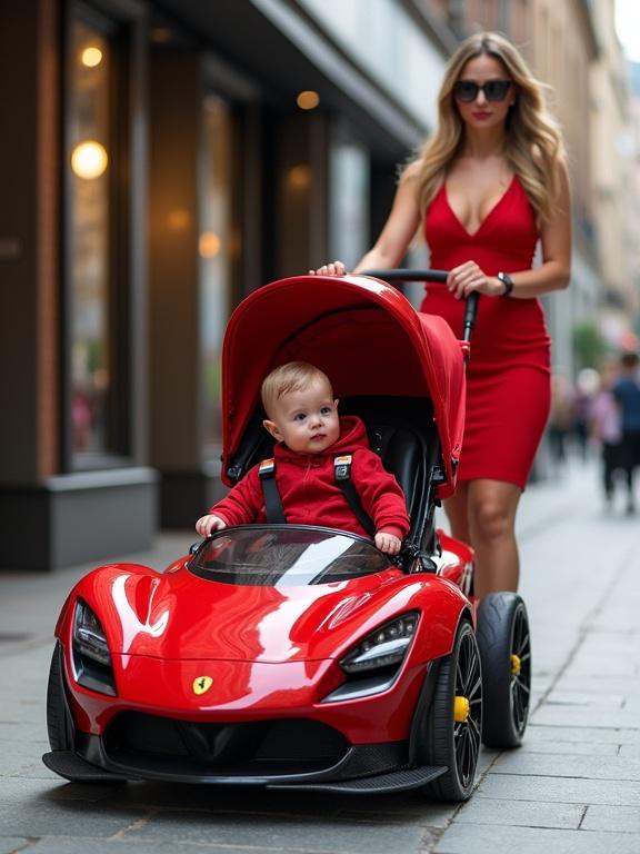 Realistic image of a baby stroller resembling a Ferrari F8 Tributo. Baby boy in red racing outfit sits inside. Mother in red dress pushes stroller through an urban avenue. Luxury shops line the street. Stroller features sleek lines and carbon fiber accents. Dynamic shadows and reflective surfaces enhance the scene.