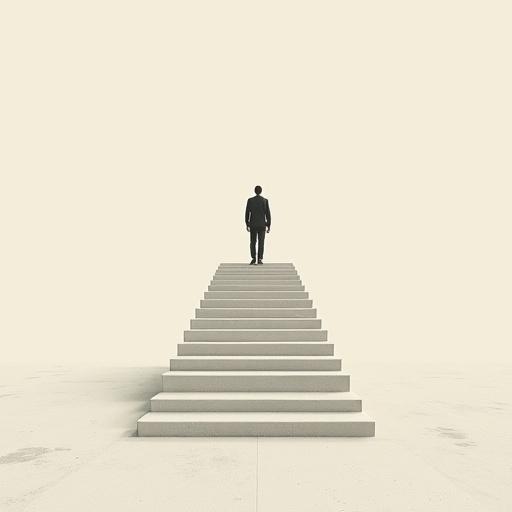 Minimalist tiny human stands at the end of staircase that goes nowhere in a clean, minimalist surreal illustration style. Features oversized objects, vast negative space, and subtle grain texture.