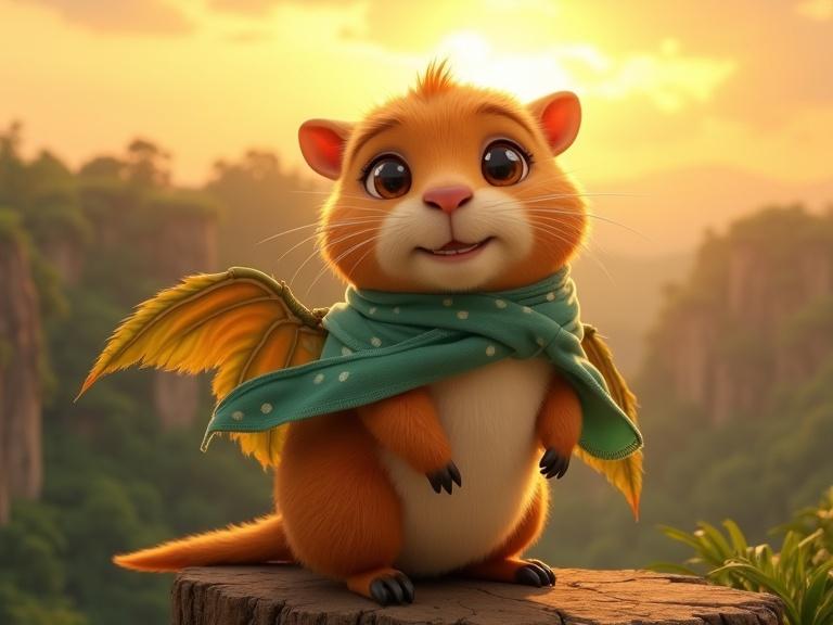 A small, adorable capybara on a jungle cliff at sunrise. Soft golden-brown fur, big hazel eyes, round cheeks, a tiny pink nose. Wearing a light teal scarf with white dots and large leafy wings tied with vines. Fur and scarf blow in the breeze. The capybara looks to the golden cloud-filled sky, expressing determination.