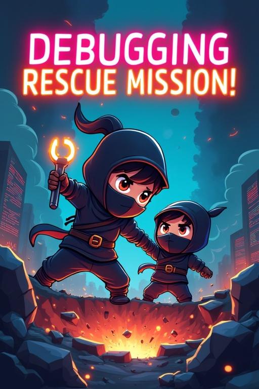 Cartoon-style YouTube thumbnail featuring a ninja coder rescuing a teammate from a pit. Pit filled with bugs, glitches, and error messages. Ninja holds a glowing tool shaped like a wrench. Background shows a chaotic digital landscape with broken code blocks. Text at the top says 'Debugging Rescue Mission!' in neon.