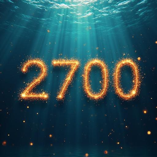 Generate a ligature of the number 2700. The background shows an underwater scene with subtle blue water. Gold sparkles outline and illuminate the number. Rays of light penetrate from above. Celebrates a significant diving achievement.