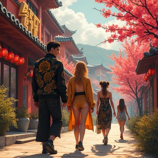 Futuristic scene featuring a tattoo and piercing parlor. Cherry blossom trees bloom. Visitors wear rich and edgy clothing styles. Vibrant atmosphere during morning with light gold and onyx black tones.