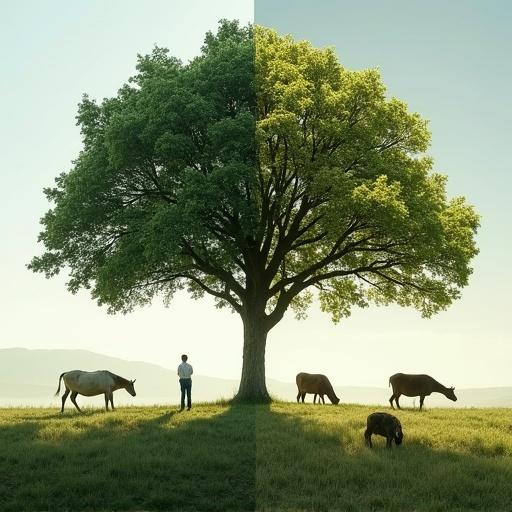 A vertically split tree showcasing two contrasting environments. The left side is vibrant and green with livestock. The right side appears dead and cracked with birds and wolves.