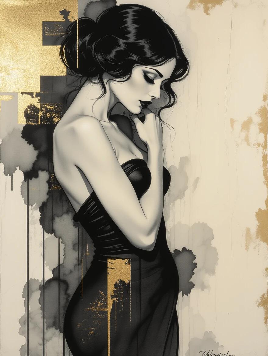 A minimalist black and white art piece depicting a silhouette of a woman in a flowing black dress. Features hints of gold and distressed textures. Conceptual focus on shyness and elegance. Ink wash technique with a weathered parchment look. Ethereal and shadowy presentation.
