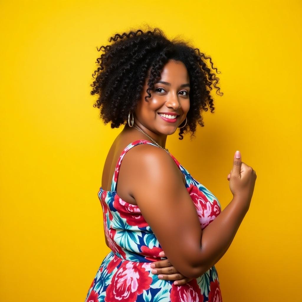 Chubby woman standing to the left profile. Black curly hair. Right face tilted towards the camera. Thumbs up gesture at waist. Bright yellow background. Floral dress.